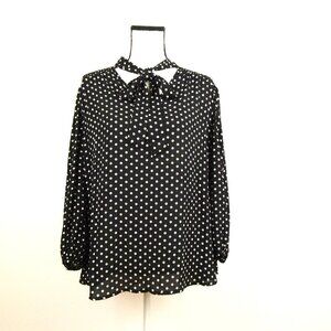 BY DESIGN Neck Tie Top Women's Plus Size 1X Black Polka Dot Smocked Shoulder